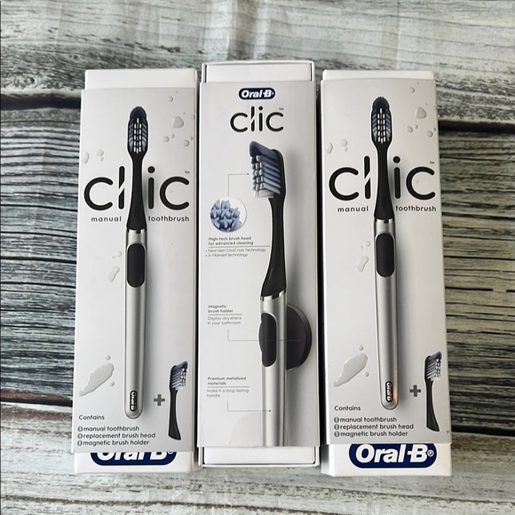(3) ORAL-B Clic Manual Toothbrush Silver& Black plus replacement & magnet holder - Picture 1 of 6